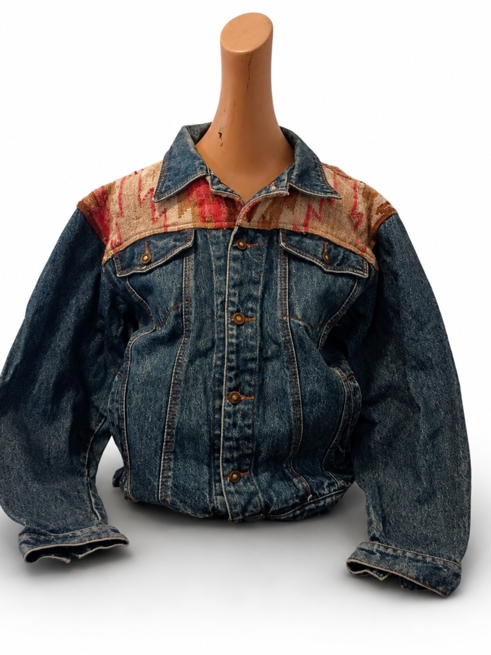 Women's Denim Jacket with Patterned Yoke - Blue and Cream